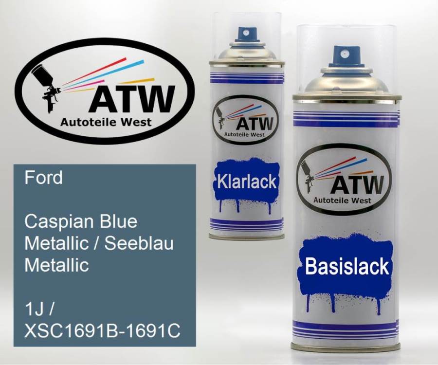 Ford, Caspian Blue Metallic / Seeblau Metallic, 1J / XSC1691B-1691C: 400ml Sprühdose + 400ml Klarlack - Set, von ATW Autoteile West.